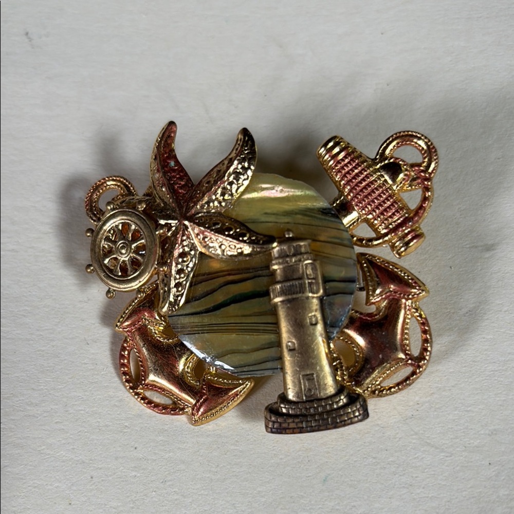 Nautical Themed Brooch with Lighthouse and Starfish